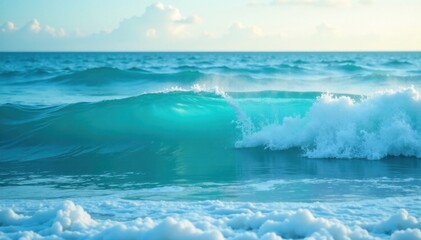 Obraz premium Calm ocean waters with blue turquoise hue and foamy waves, aquatic, texture, ocean