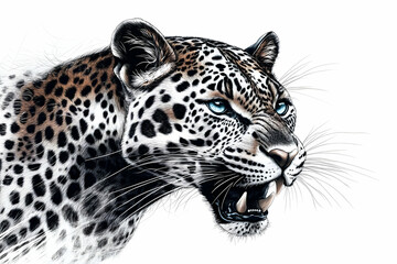 Obraz premium Illustration of a Leopard Head with Blue Eyes and Open Mouth Isolated