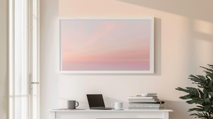 A white rectangular frame hanging in a hallway above a table with a coffee mug, a laptop, and a few books.  