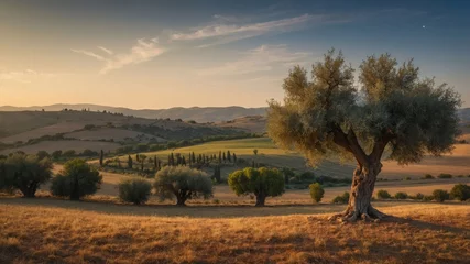 Papier peint photo Toscane Idyllic Tuscany Landscape with Olive Trees at Golden Hour  © Euis