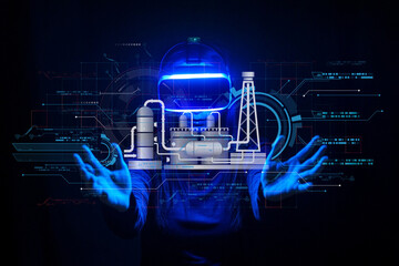 Futuristic Engineer Interacting with Virtual Reality Energy Systems in a Dark Environment Using...
