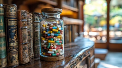 Fototapeta premium Glass Jar of Colorful Pills Resting on Antique Bookshelf