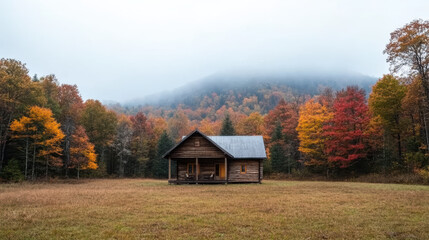 rustic wooden cabin stands serene landscape, surrounded by vibrant autumn trees. misty mountains