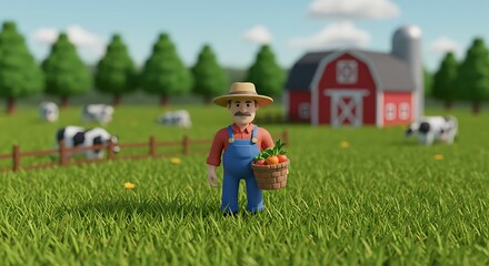 Naklejka premium Farmer Holding Carrots Stands in Green Field with Barn Background