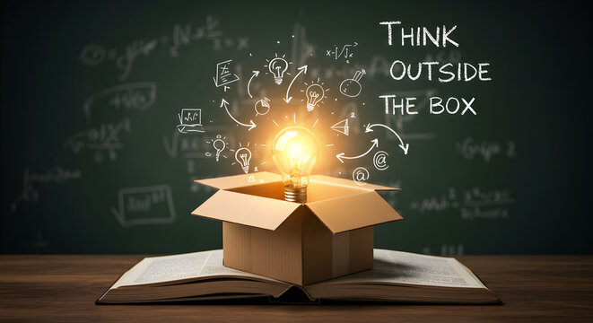 Bright Idea Emanating from an Open Cardboard Box Placed on an Open Book in Front of Blackboard