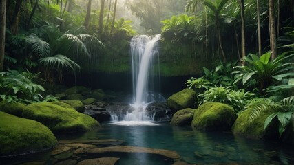 Fototapeta premium Waterfall Cascading into a Lush Green Pool in a Tropical Forest