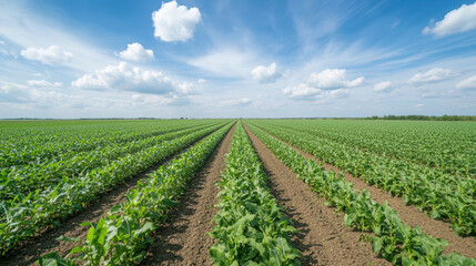 Lush green rows of crops stretch across vast landscape under bright blue sky