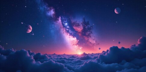 Fototapeta premium Cosmic Night Sky with Glowing Stars and Planets, starry night, nebulae, cosmos