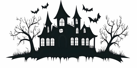 Illustration Of Haunted House Silhouette With Bats And Bare Trees