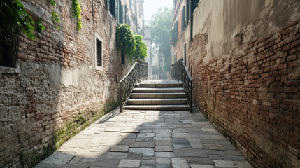 serene alley Venice, Italy, featuring small bridge and cobblestone path, evokes sense of