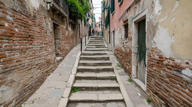 charming alleyway Venice, Italy, featuring weathered brick walls and stone steps, evokes sense - Powered by Adobe