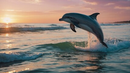 Dolphin Jumping from Ocean Waves at Sunset with Colorful Sky