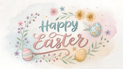 Happy Easter Watercolor Floral Design with Eggs