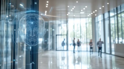 AI based facial recognition system for secure access in an office building, modern corporate lobby with glass walls and security features, High-tech style