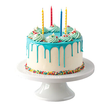 Delicious white birthday cake with teal drip icing and lit candles isolated on a transparent background for celebration