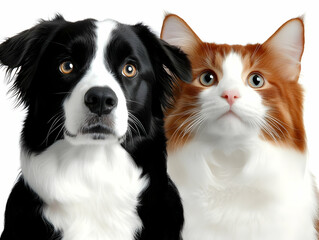 Photo of a Black and White Dog and Orange and White Cat Looking Up Isolated