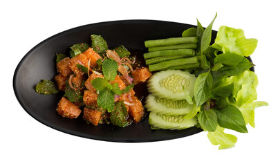 Thai cuisine spicy minced salmon isolated on a transparent background.