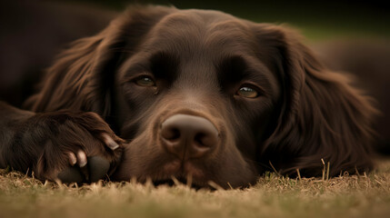 Photo Brown Dog Relaxing Head on Ground with Soft Eyes and Fur Details