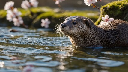 Otter Swimming in River with Blossom Branches on Shoreline