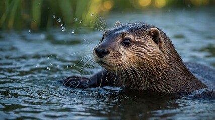Otter Swimming in Water with Whiskers and Fur Close Up