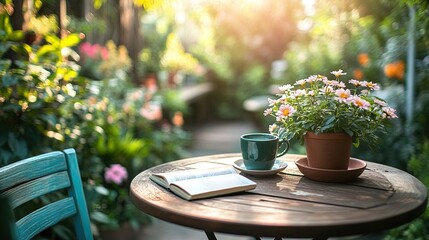 A patio table with morning sunlight streaming in, topped with a book and coffee