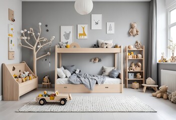 Stylish Modern Child's Bedroom with Bunk Bed and Wooden Toys