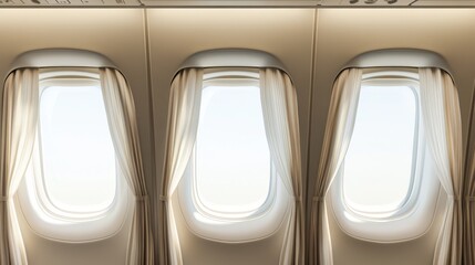 Photorealistic commercial aircraft windows with brushed aluminum frames, pristine pleated beige curtains partially drawn, clear acrylic window panels showing blank white space, subtle shadows and