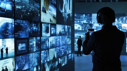 AI driven smart city surveillance hub monitoring urban safety with real time analytics, glowing digital displays with facial recognition and predictive security, futuristic law enforcement technology