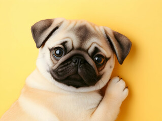 Obraz premium Photo Of A Cute Pug Dog Resting Head On Yellow Background in Studio