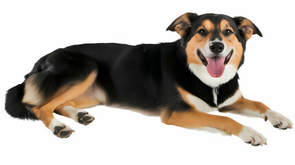 Photo of a Happy Lying Dog with Black and Brown Fur Isolated on White Background