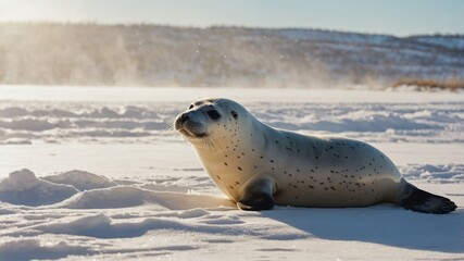 Obraz premium Resting Spotted Seal on Snow in Winter Sunlight Scenery