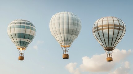 Sophisticated 3D models of traditional hot air balloons, detailed fabric patterns with visible stitching, handcrafted basket textures, burnished metal burner assemblies, accurate scale proportions,
