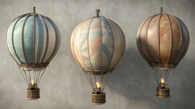 Sophisticated 3D models of traditional hot air balloons, detailed fabric patterns with visible stitching, handcrafted basket textures, burnished metal burner assemblies, accurate scale proportions,