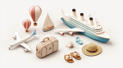 Clean 3D travel elements collection, modern passenger plane, tri-colored air balloons, globe with raised continents, miniature sailboat, classic cruise ship with smoke stacks, woven beach hat, summer
