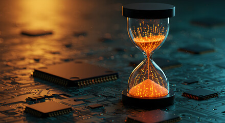 Orange Lit Hourglass on a Circuit Board Symbolizing Time and Technology