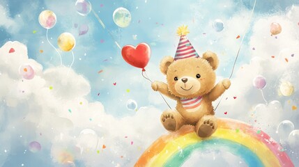 Fototapeta premium Playful brown bear cub swinging on a rainbow bridge among fluffy clouds, wearing striped birthday party hat and holding a red heart balloon, surrounded by floating confetti and bubbles in soft pastel
