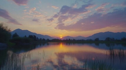 Fototapeta premium Sunset Over Lake with Mountain Range and Clouds Reflecting in Calm Water