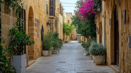 Obraz premium Charming Mediterranean Street Scene with Stone Buildings and Blooming Bougainvillea