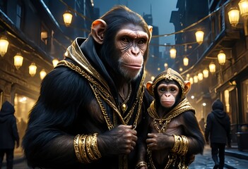 Obraz premium Chimpanzee Family in Golden Attire, Night Market