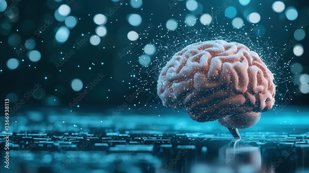 Poster memory a human brain merging with digital memory storage, symbolizing ai and technology.