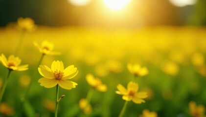 Fototapeta premium Field of bright yellow flowers blooming in the sun, spring blooms, clear blue sky, wildflowers