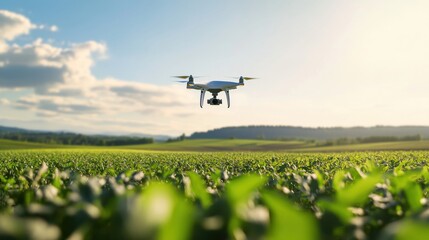 AI powered drone conducting agricultural surveys and monitoring crop health in a vast farmland, expansive farmland with crops and drones flying overhead, Eco-tech style