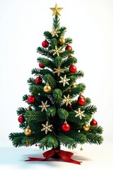 Fototapeta premium Fir tree decorated with snowflakes and ornaments on white background, winter, holiday, ornaments