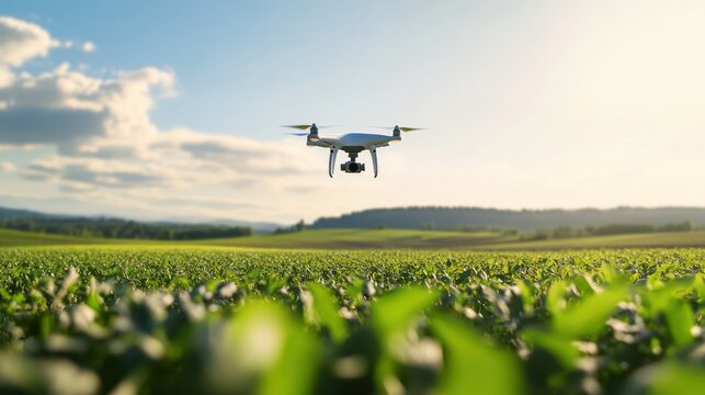 AI powered drone conducting agricultural surveys and monitoring crop health in a vast farmland, expansive farmland with crops and drones flying overhead, Eco-tech style
