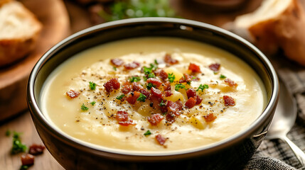 Creamy Potato Soup with Bacon and Parsley in Dark Bowl on Wooden Table with Bread Pieces and Grey Towel Cozy Warm Dinner