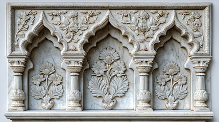 Obraz premium A tasty detail of a white stone carving in Thailand shows a traditional cuisine object on an old wall