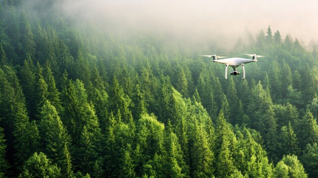AI powered drone conducting environmental monitoring in a remote forest, vast forest with drones flying overhead and environmental data sensors, Eco-tech style