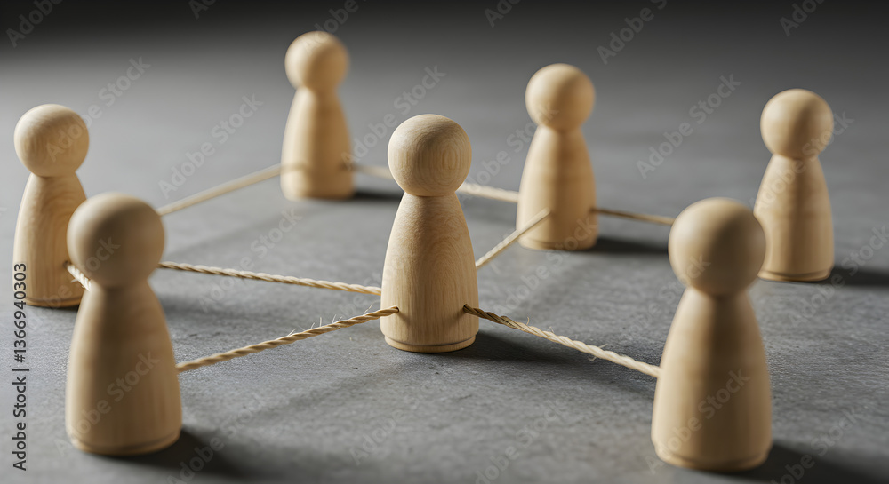 Poster wooden figures connected with string symbolizing teamwork and connection on gray textured surface