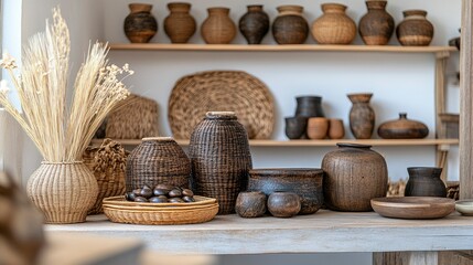Fototapeta premium Rustic Bohemian Home Decor with Woven Baskets and Earthenware Pottery