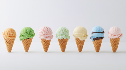 Colorful scoops of ice cream cones are lined up showcasing variety of flavors. dessert appears fresh and slightly melting creating delightful